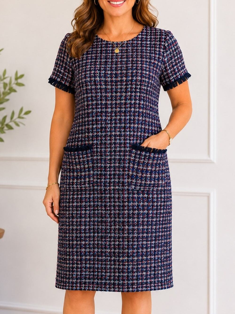 Talbots Tweed Shift Dress Size 8 Navy Red Fringe Pocket Career